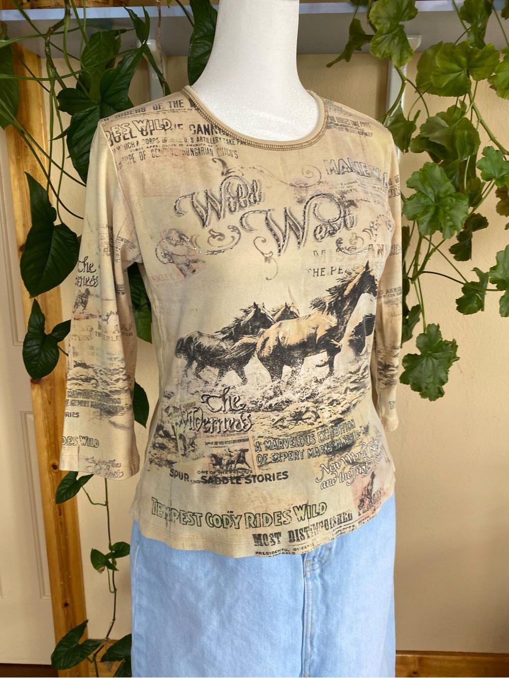 Wild West Horse Newspaper Print Top Western Cowgirl Desert Core 3/4 Sleeve S